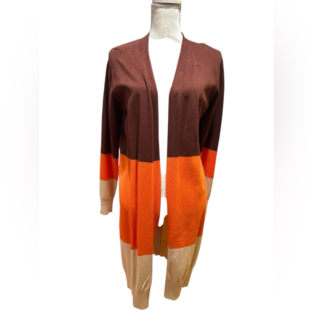 Candy Corn brown orange colorblock Open Front long Cardigan sweater